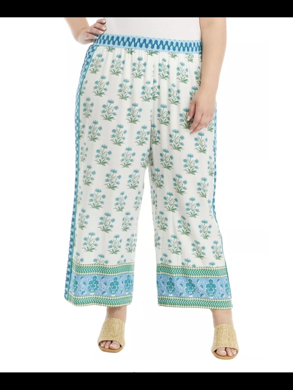 Philosophy White Wide-Leg Floral Print Pants with Aqua Trim Size L